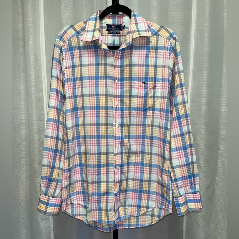 Vineyard Vines Mens Blue Pink Plaid Slim Fit Tucker shirt | size Small
